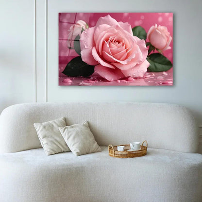 Pink Rose Glass Wall Art - LUXARTDECO
