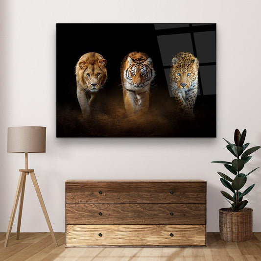 Trio de Félins Sauvages Tableau en Verre Trempé