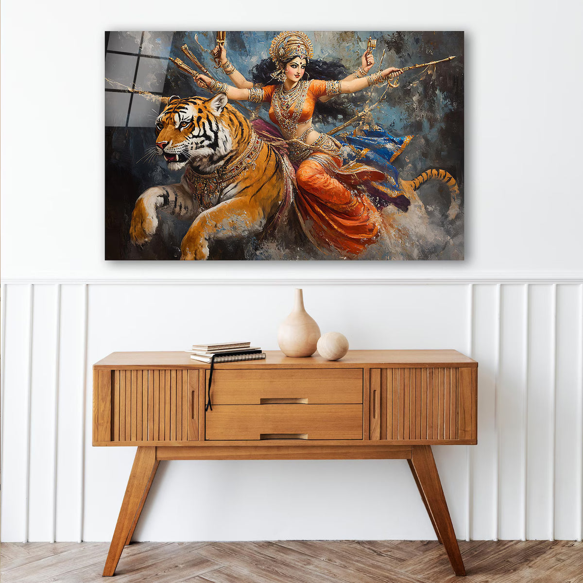 Goddess Durga and Tiger Glass Wall Art