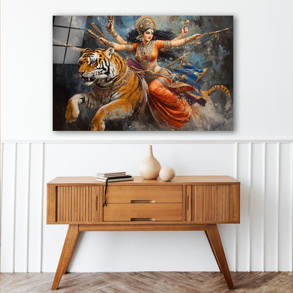 Goddess Durga and Tiger Glass Wall Art