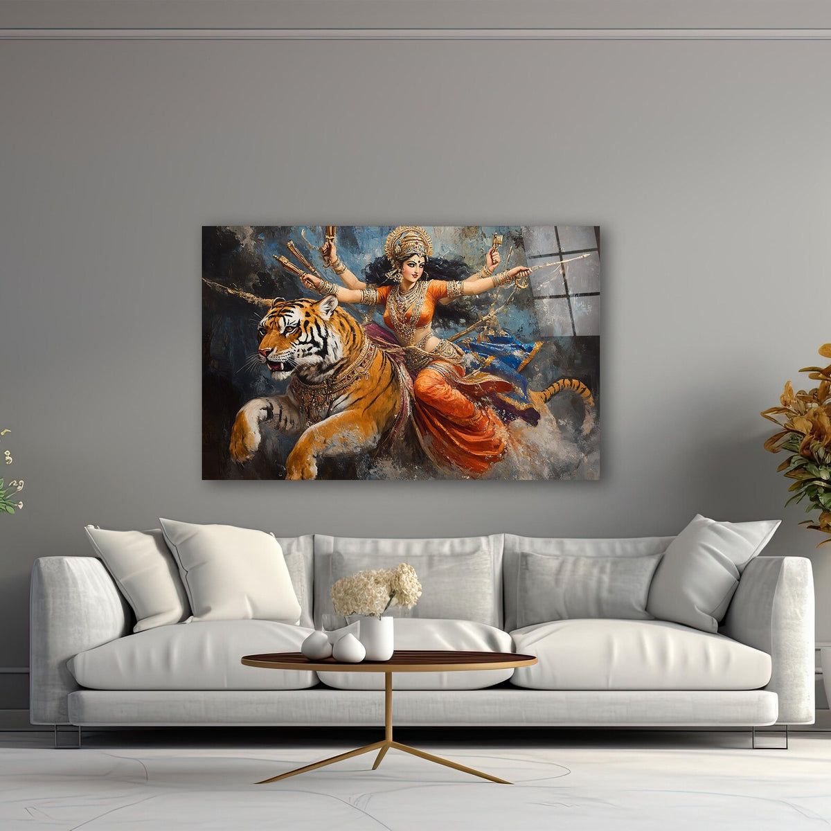 Goddess Durga and Tiger Glass Wall Art