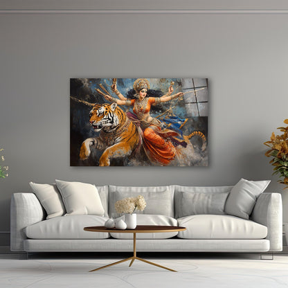 Goddess Durga and Tiger Glass Wall Art