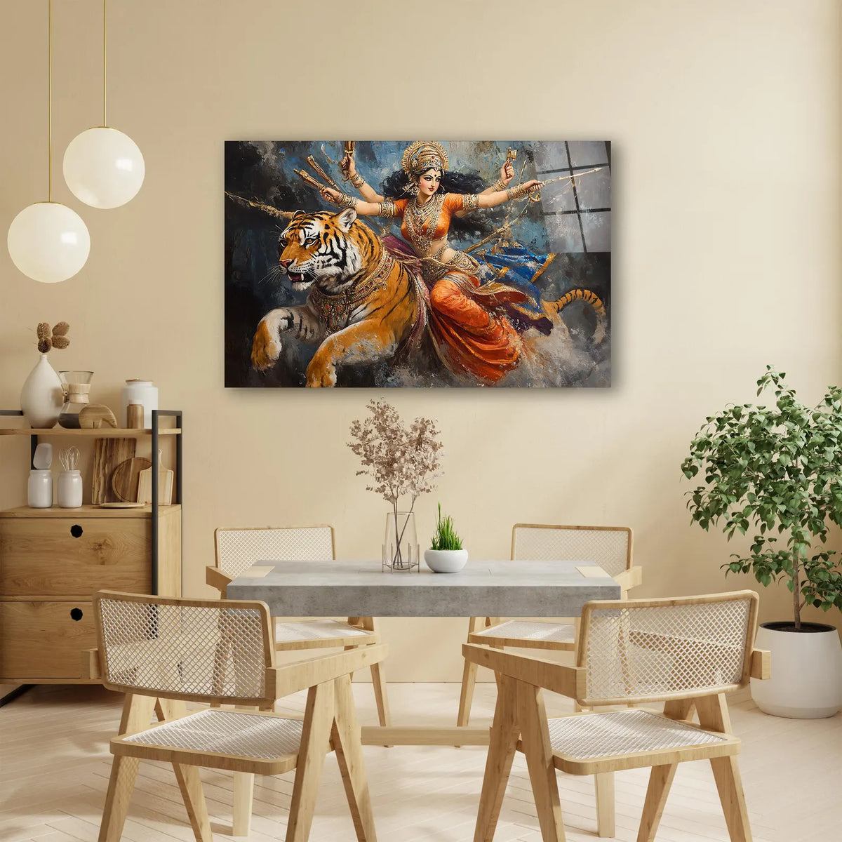 Goddess Durga and Tiger Glass Wall Art