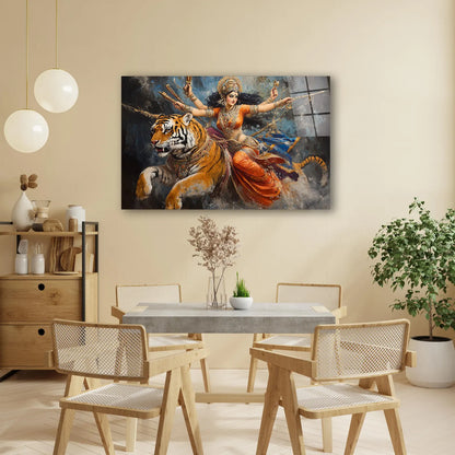 Goddess Durga and Tiger Glass Wall Art