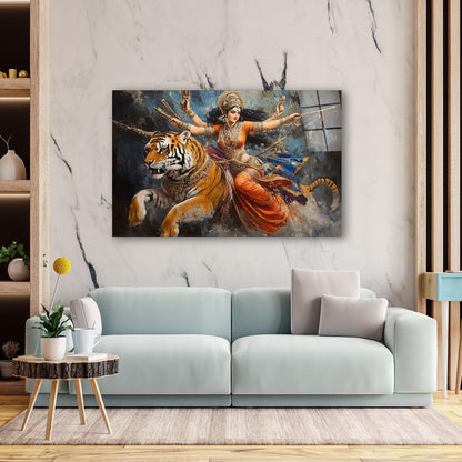 Goddess Durga and Tiger Glass Wall Art