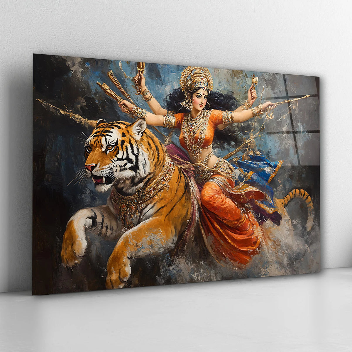 Goddess Durga and Tiger Glass Wall Art