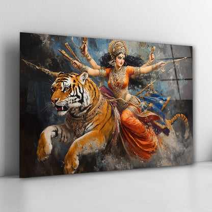 Goddess Durga and Tiger Glass Wall Art