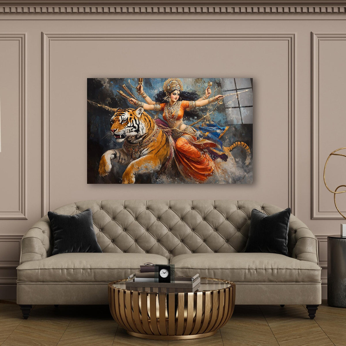 Goddess Durga and Tiger Glass Wall Art