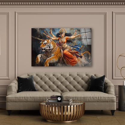 Goddess Durga and Tiger Glass Wall Art