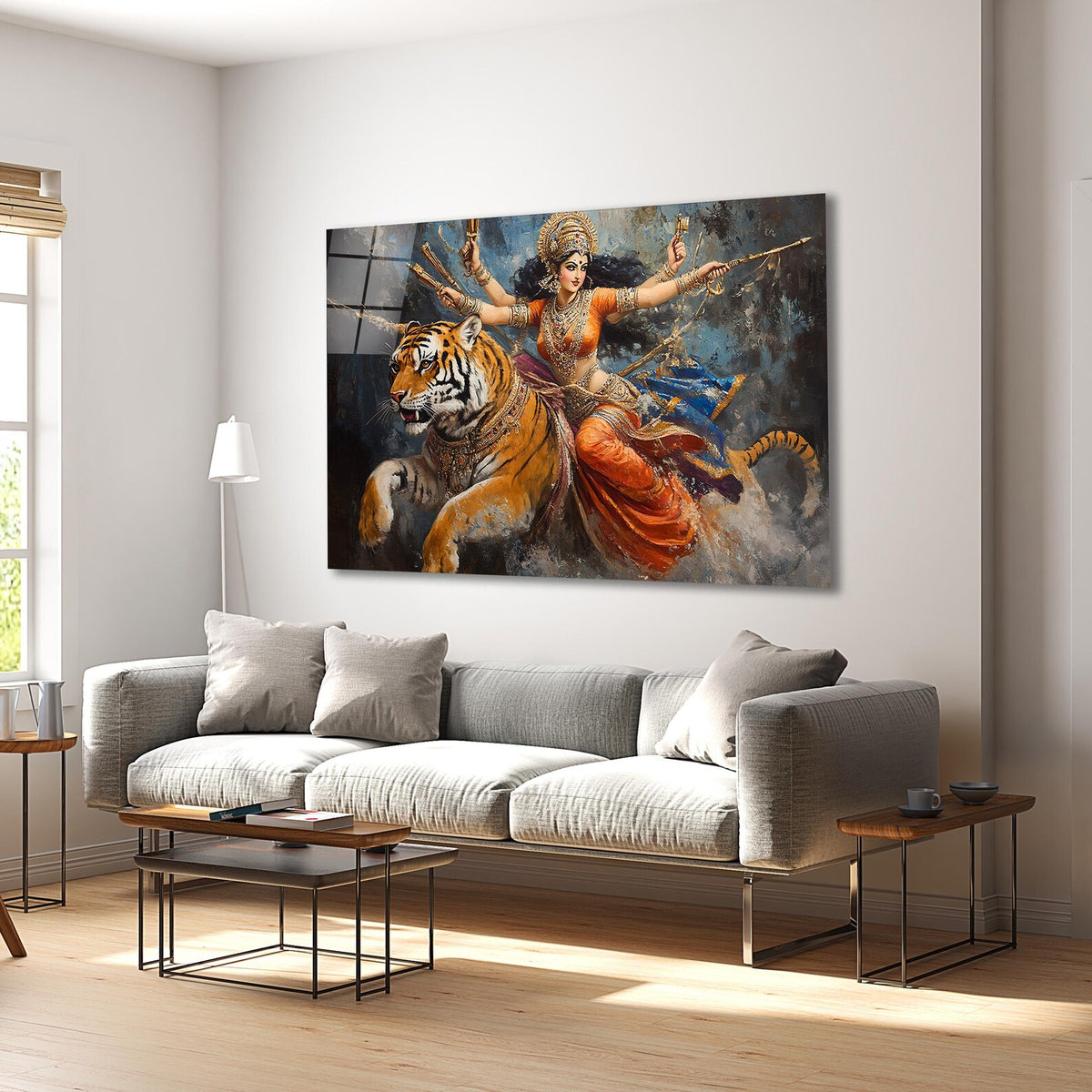 Goddess Durga and Tiger Glass Wall Art