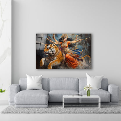 Goddess Durga and Tiger Glass Wall Art