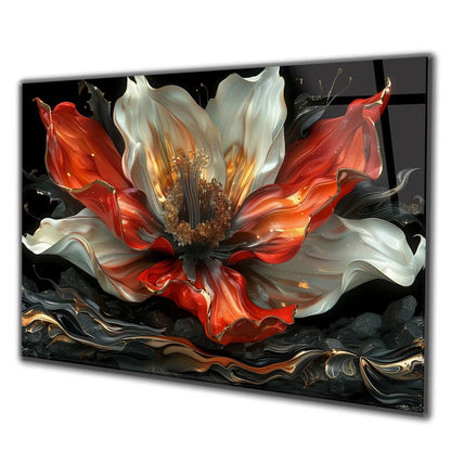 Fleur Abstraite Rouge et Blanche Tableau en Verre Trempé