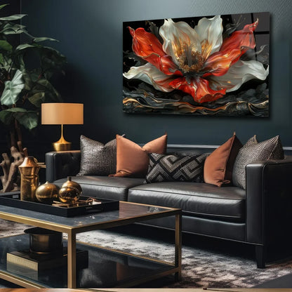 Fleur Abstraite Rouge et Blanche Tableau en Verre Trempé