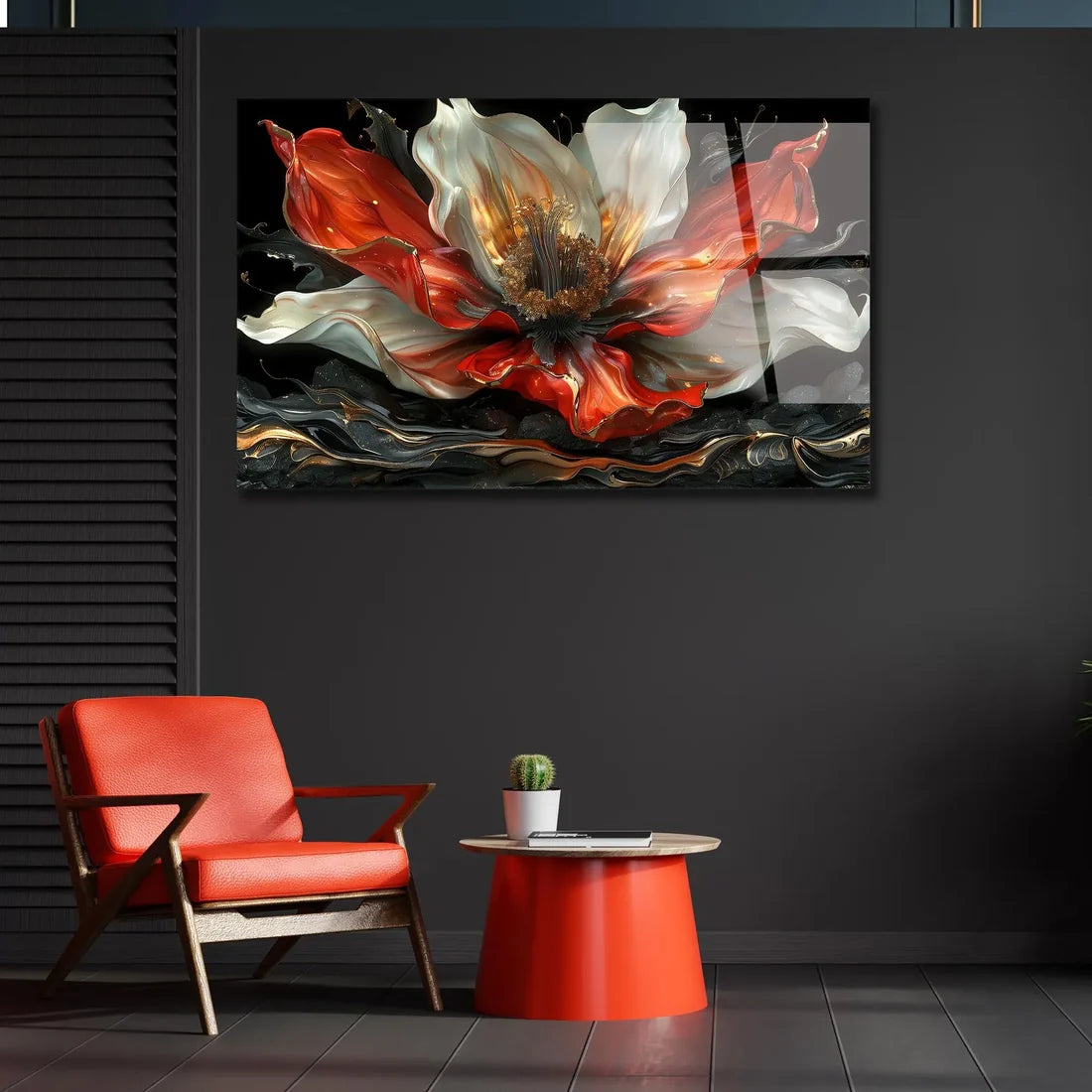 Fleur Abstraite Rouge et Blanche Tableau en Verre Trempé