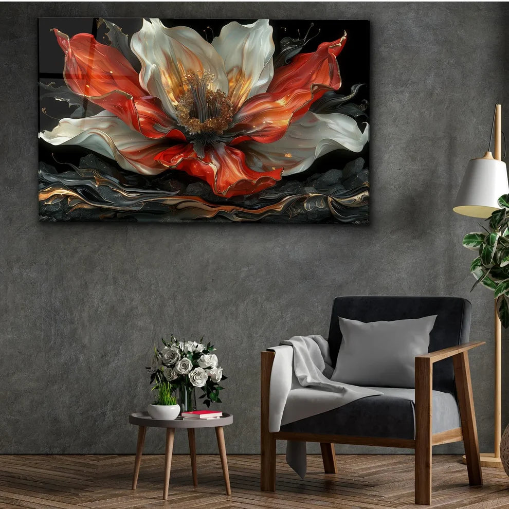 Fleur Abstraite Rouge et Blanche Tableau en Verre Trempé