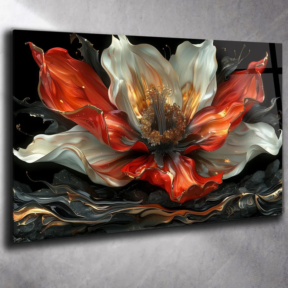 Fleur Abstraite Rouge et Blanche Tableau en Verre Trempé