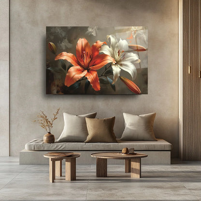 Orange and White Lilies Glass Wall Art