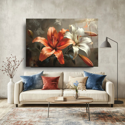 Orange and White Lilies Glass Wall Art