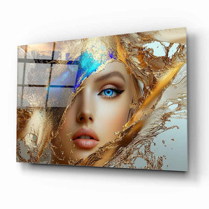 Blue and Gold Woman Glass Wall Art