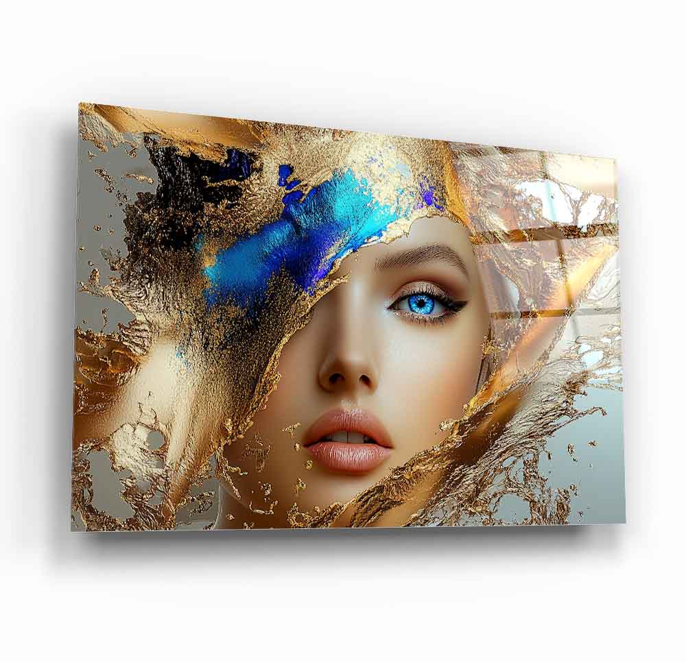 Blue and Gold Woman Glass Wall Art
