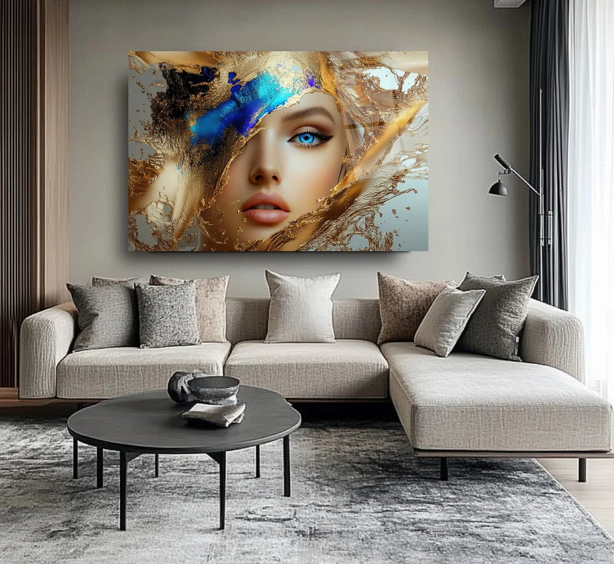 Blue and Gold Woman Glass Wall Art