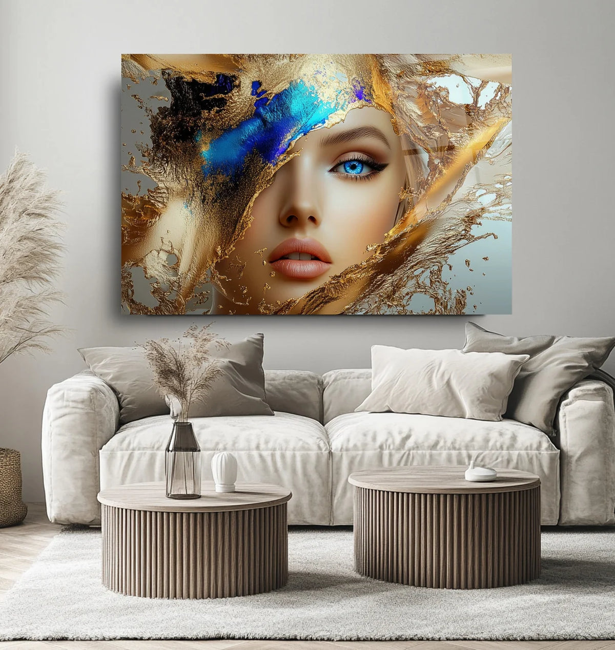 Blue and Gold Woman Glass Wall Art