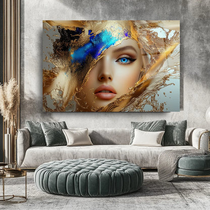 Blue and Gold Woman Glass Wall Art