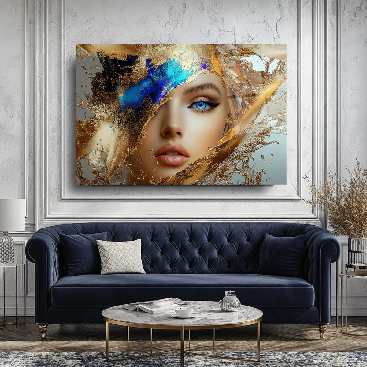 Blue and Gold Woman Glass Wall Art