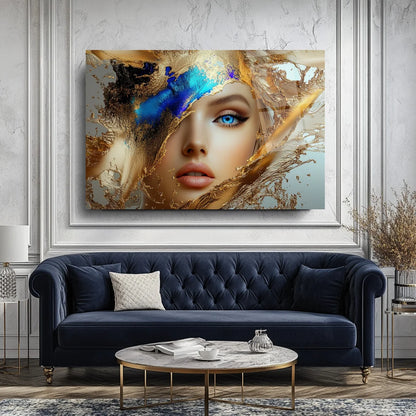 Blue and Gold Woman Glass Wall Art