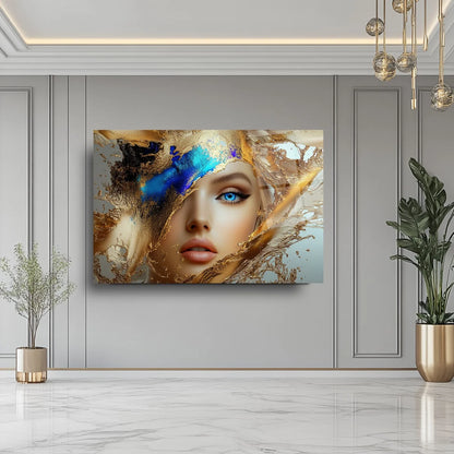 Blue and Gold Woman Glass Wall Art