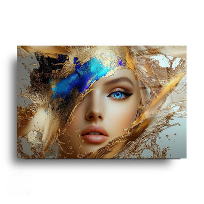 Blue and Gold Woman Glass Wall Art
