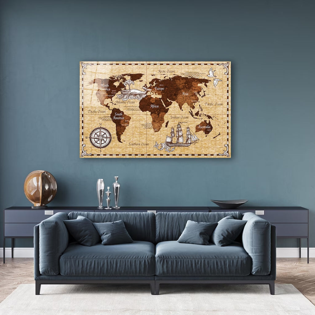 Décoration murale en verre représentant une carte du monde