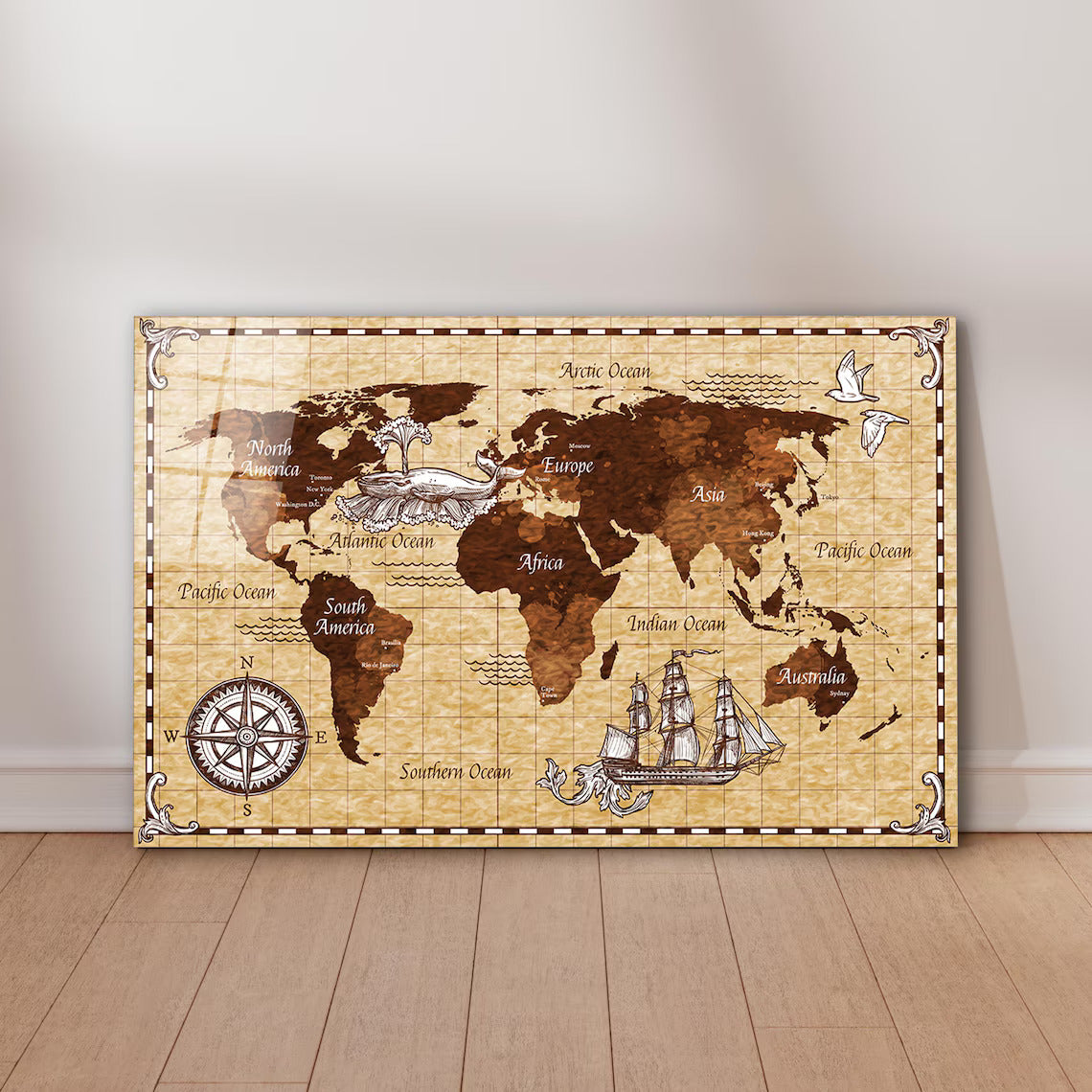 Décoration murale en verre représentant une carte du monde