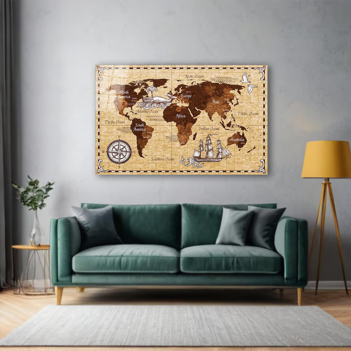 Décoration murale en verre représentant une carte du monde