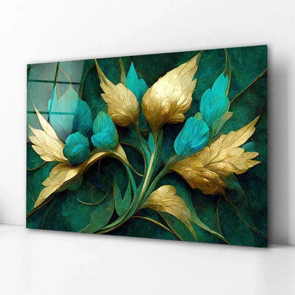 Turquoise Flowers Glass Wall Art - LUXARTDECO