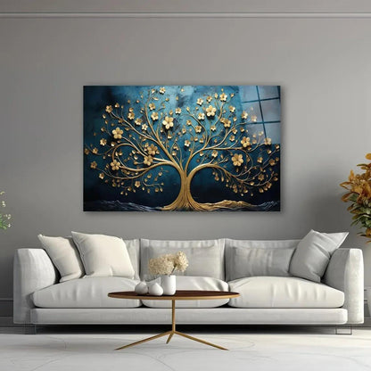 Gold Tree and Moon Glass Wall Art - LUXARTDECO