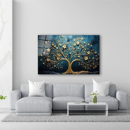 Gold Tree and Moon Glass Wall Art - LUXARTDECO
