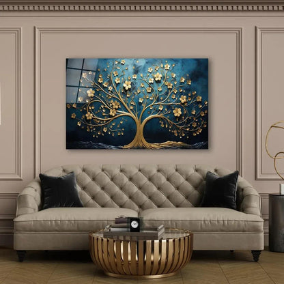 Gold Tree and Moon Glass Wall Art - LUXARTDECO