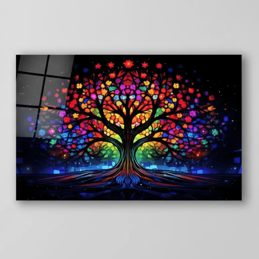 Coloré Arbre de Vie Tableau en Verre Trempé