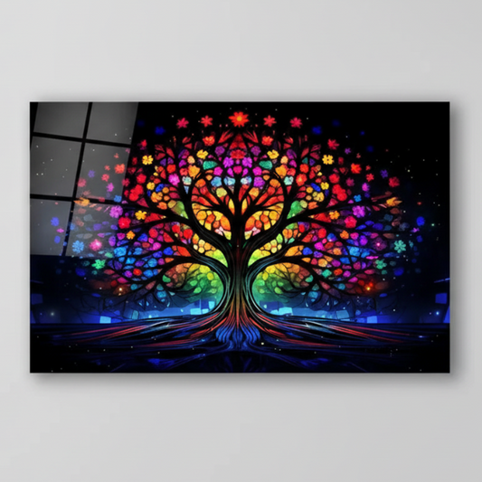 Coloré Arbre de Vie Tableau en Verre Trempé