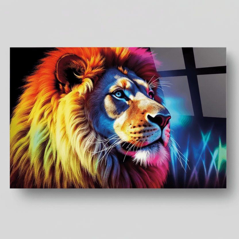Coloré Lion Tableau en Verre Trempé