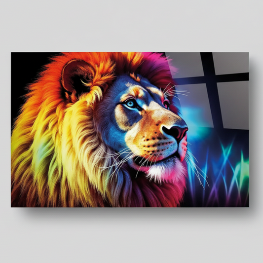Coloré Lion Tableau en Verre Trempé