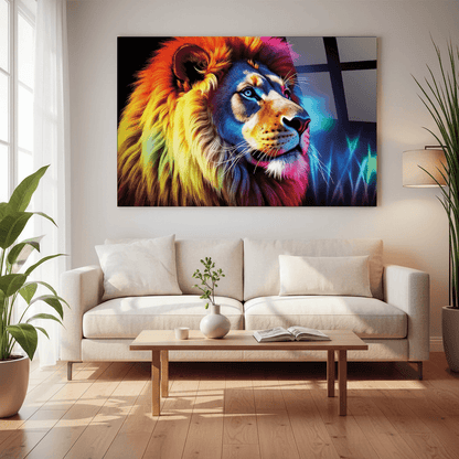 Coloré Lion Tableau en Verre Trempé