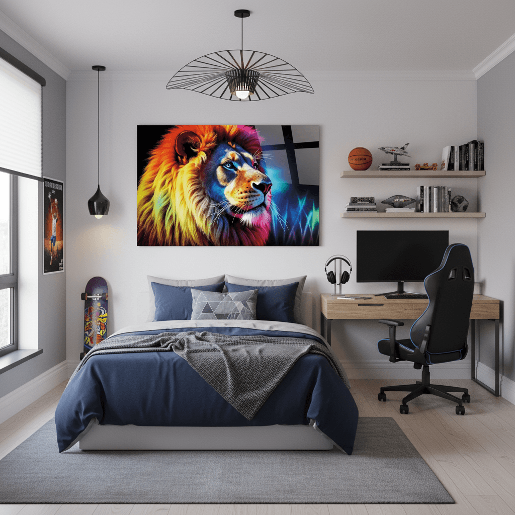 Coloré Lion Tableau en Verre Trempé