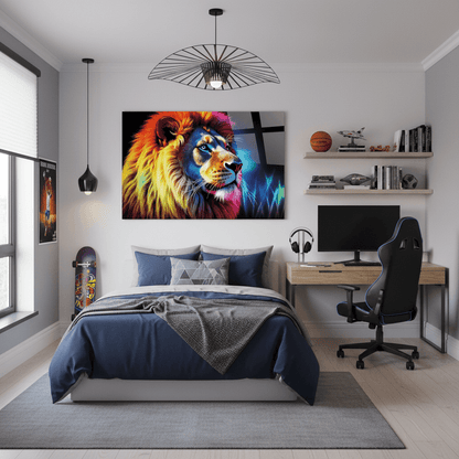 Coloré Lion Tableau en Verre Trempé