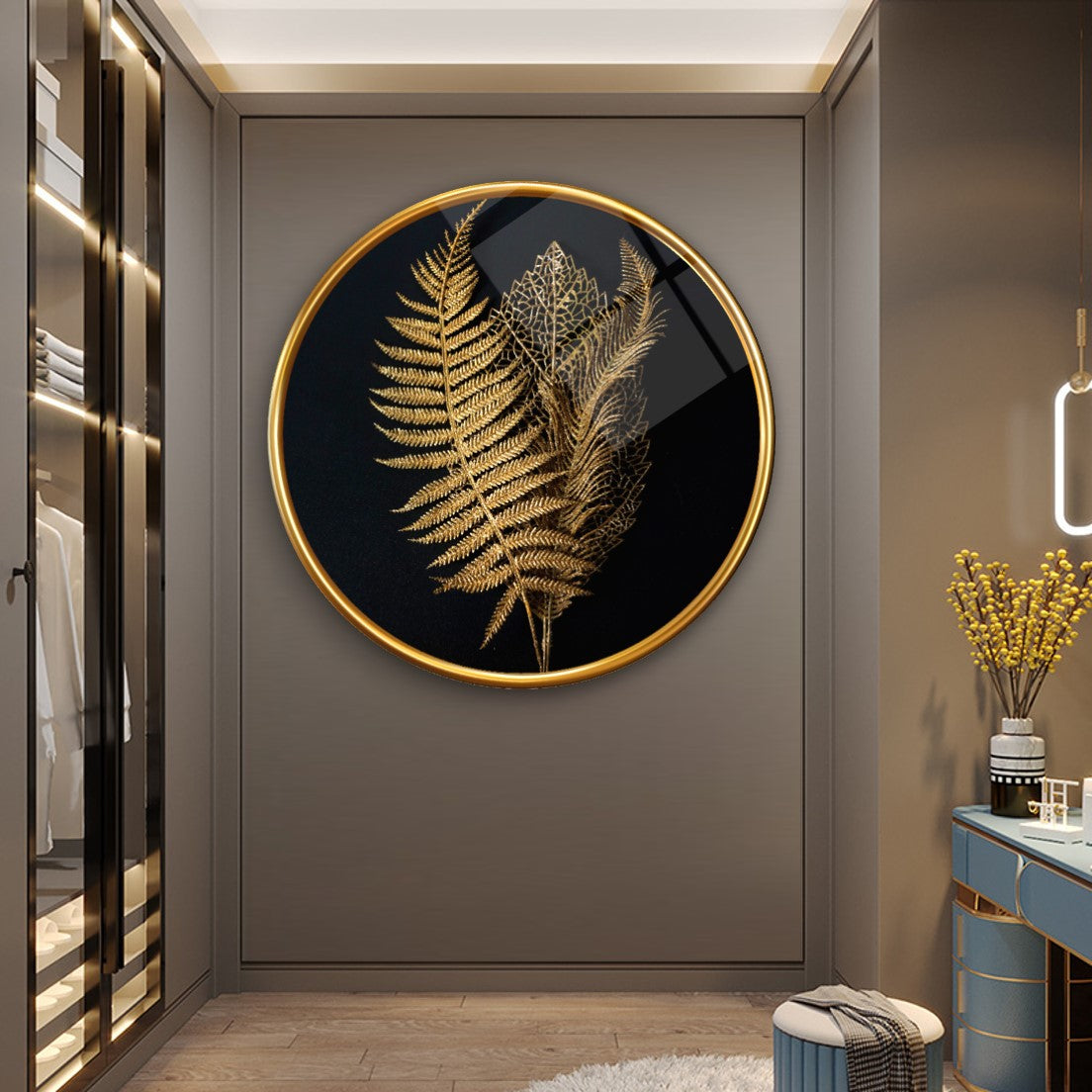 Décoration murale en verre à feuilles dorées 