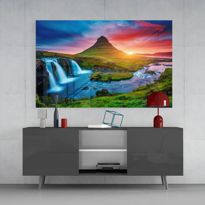 Kirkjufellsfoss Waterfall and View Glass Wall Art - LUXARTDECO