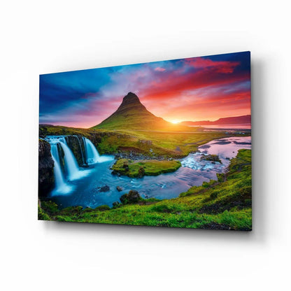 Kirkjufellsfoss Waterfall and View Glass Wall Art - LUXARTDECO