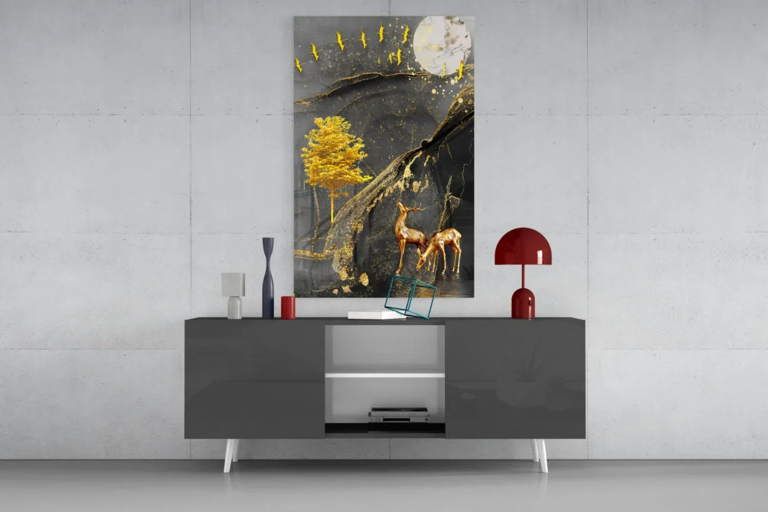 Golden Tree and Gazelles Glass Wall Art - LUXARTDECO