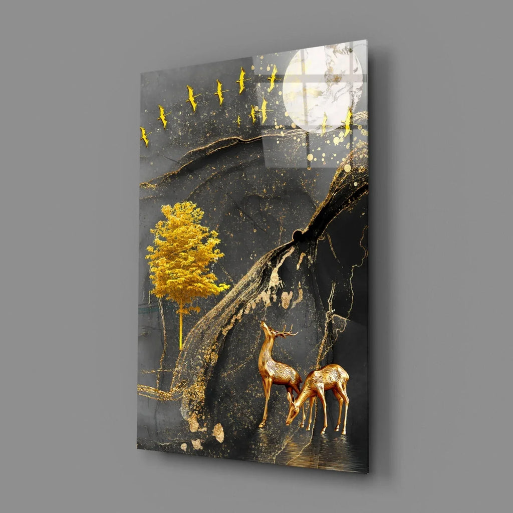 Golden Tree and Gazelles Glass Wall Art - LUXARTDECO